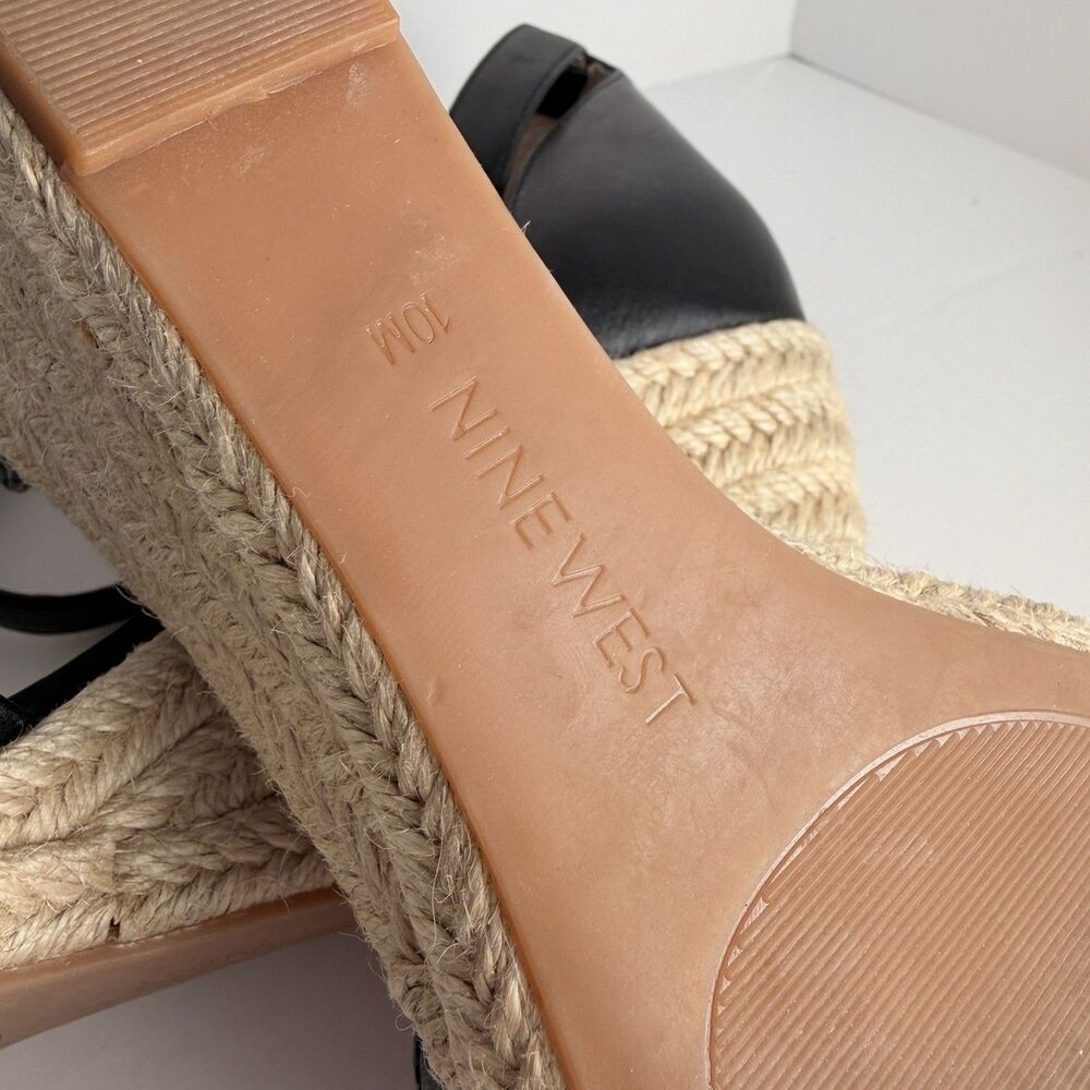 Nine West Jeranna Espadrille Wedge Sandals Black Leather Women 10 EUC - Picture 10 of 11